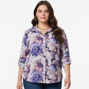 Chico's Purple Multicolor No-Iron Floral  Chic Stretch Shirt XXL (Bx10)